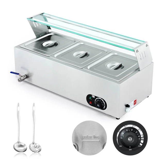 Commercial Bain Marie Food Warmer with 3 Pans & Lids Glass Shelf Ladle Skimmer