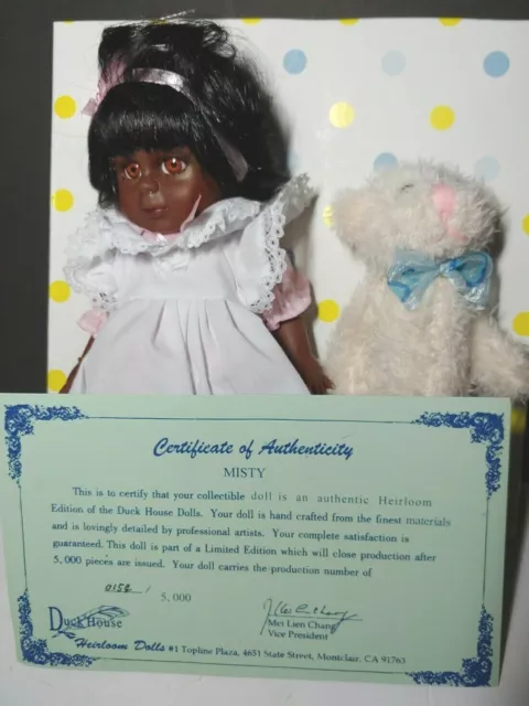 Misty 8" Black Vinyl Heirloom Collectible Duck House Doll w white teddy bear NIB