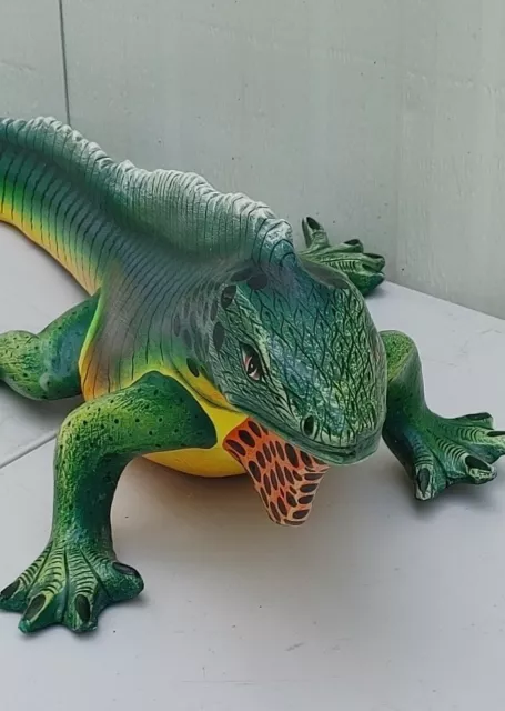 Iguana Sculpture Large Green Yellow Tropical Lizard Paper Mache 30" Long