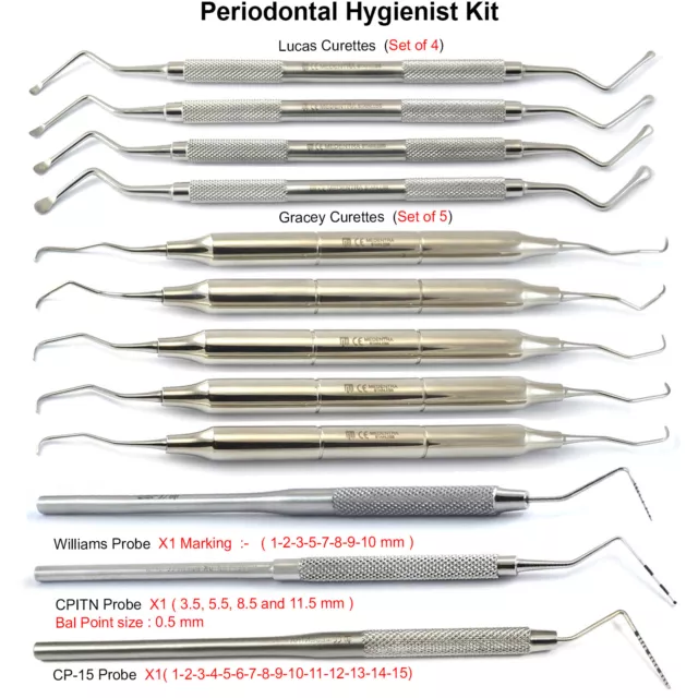 Pelles à double extrémité pour examen dentaire + curettes gracey + Lucas + laboratoire de sondes périodiques