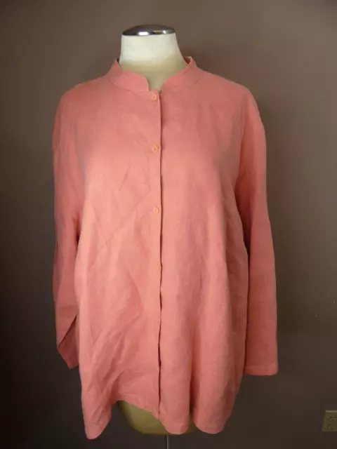 Eileen Fisher Woman 3X Coral Pink Button Up Top 100% Linen Boxy Long Sleeve