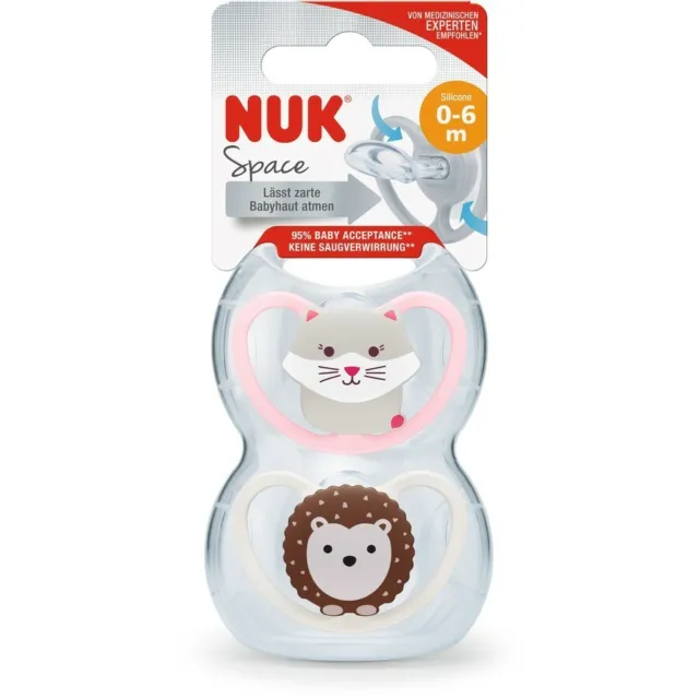 NUK 0-6m  Space Cat/Hedgehog  Orthodontic Silicone Soothers 2 in Pack Bpa Free