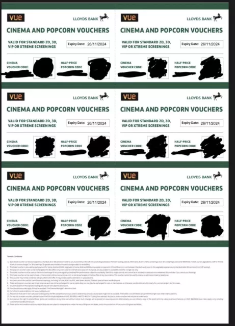 6 x Vue Cinema Tickets and Half Price popcorn valid until 26/11/2024