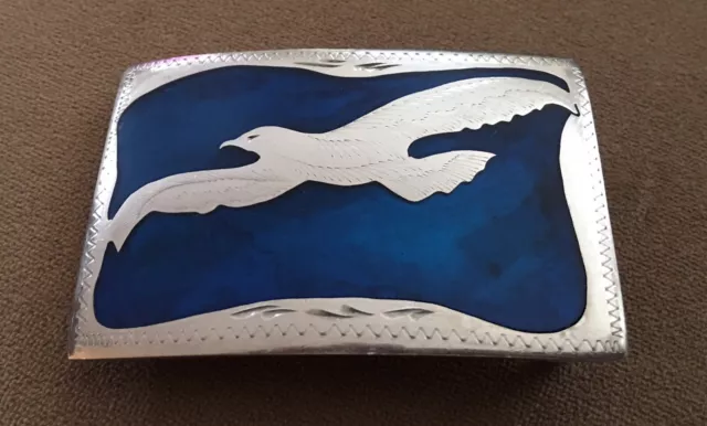 Vintage Seagull Ocean Bird In Flight Silver & Blue Enamel Inlay Belt Buckle