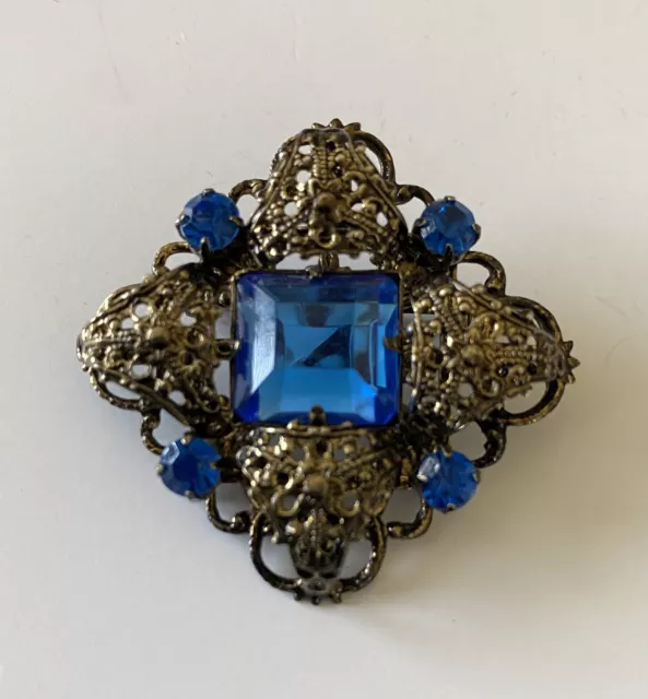 Vintage Estate Czech Mid Century Blue Glass Rhinestone Filigree Brooch Pin Brass