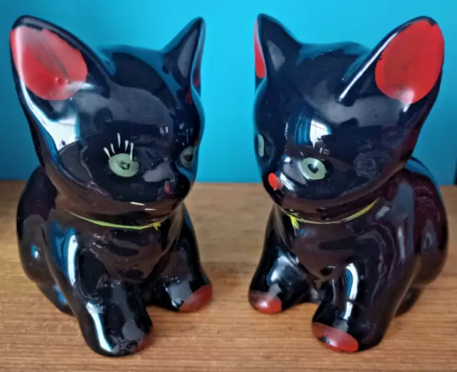 Pair of vintage MCM Hand Painted Kitsch Lucky Ceramic Black Cats - Free Shipping