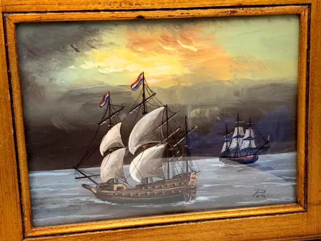 Poli Signed Oil Painting A French Flag Galleon Tall Sailing Ship Old Mid Century