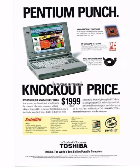 1996 TOSHIBA Satellite 100CS Portable Computer Vintage Ad