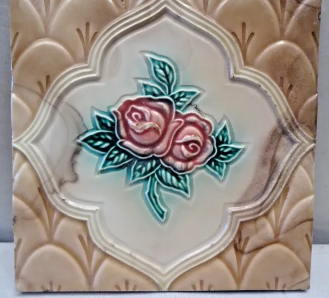 Antique Tile Majolica Japan Art Nouveau Ceramic Rose Flower Floral Design "226 2
