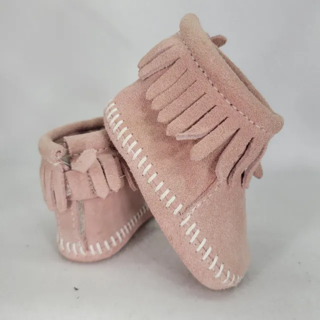 Minnetonka Pink Suede Fringe Moccasins Slip On Shoes Baby Infant Size 1