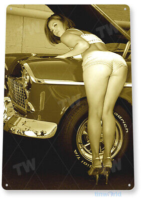 TIN SIGN Work Heels Pin-Up Hot Rod Girl Auto Shop Garage Cave A010