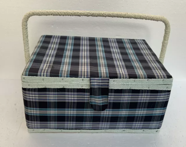 Vintage Blue Tartan Fabric Sewing Basket Box- With Contents