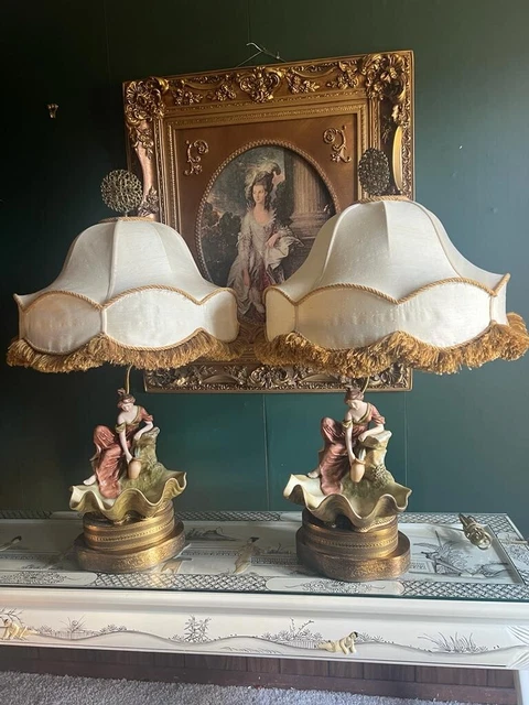 Rare Victorian Czech Royal Dux Bohemian Porcelain Woman Sculpture Pair of Lamps