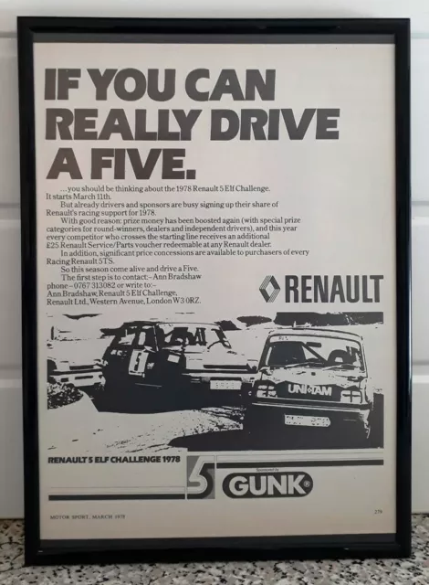 Framed original Classic Car Ad for Renault 5 Elf Challenge from 1978