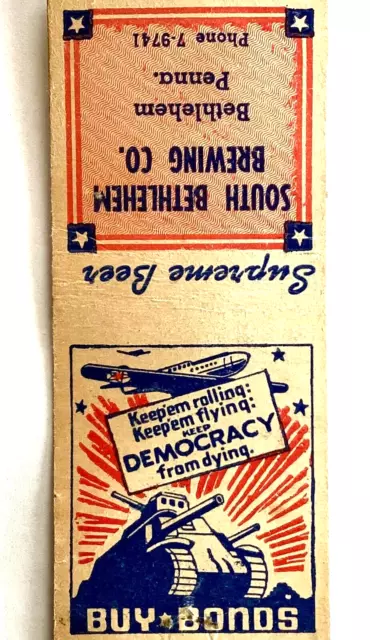 Rare 1941-45 World War 2, South Bethlehem Brewing Company Matchbook Cover