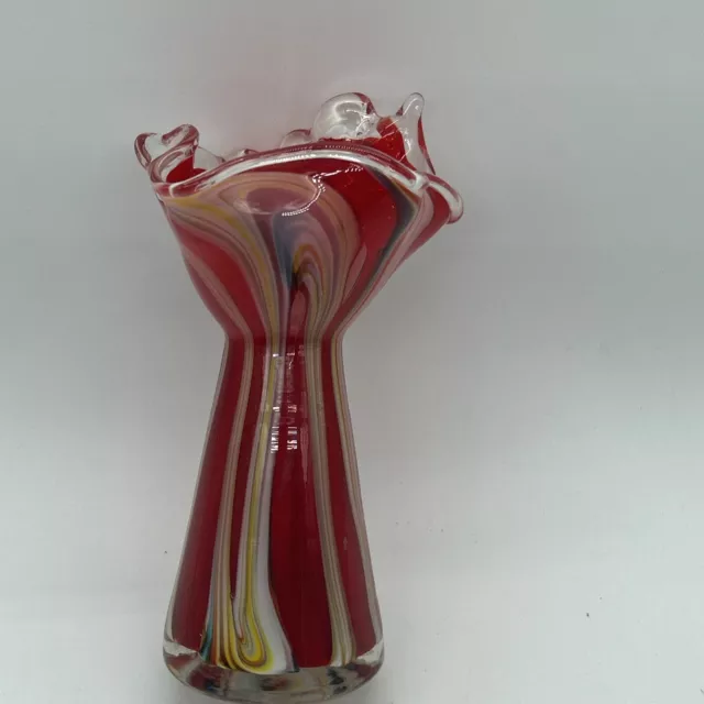 Vintage Art Glass Stretch Vase Red w/ Multi Color Stripes MCM
