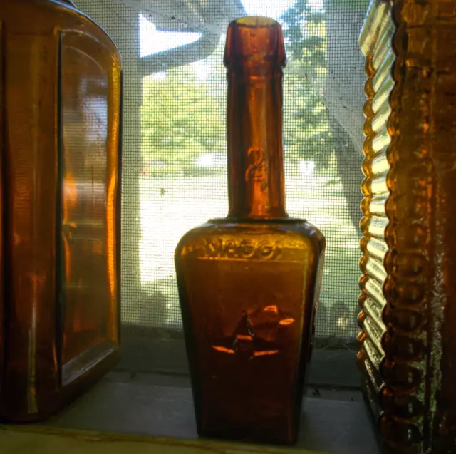Amber Maggi Emb Stars Hand Blown Food Seasoning Bottle 5 3/4"Size Nice