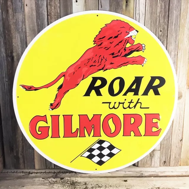 Gilmore Gasoline Gas Oil 24" Large Embossed Round Metal Tin Sign Vintage Garage