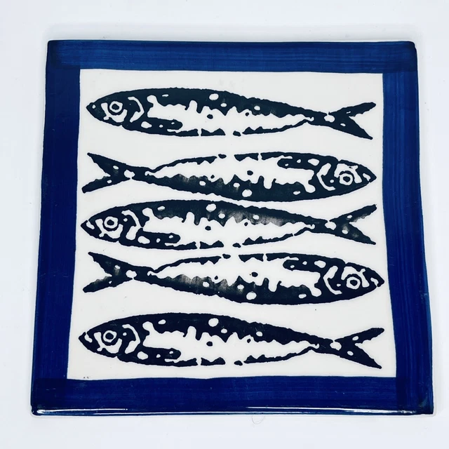 Vintage hand painted tile 6" Portuguese Portugal Fish Black White Blue Art Tile