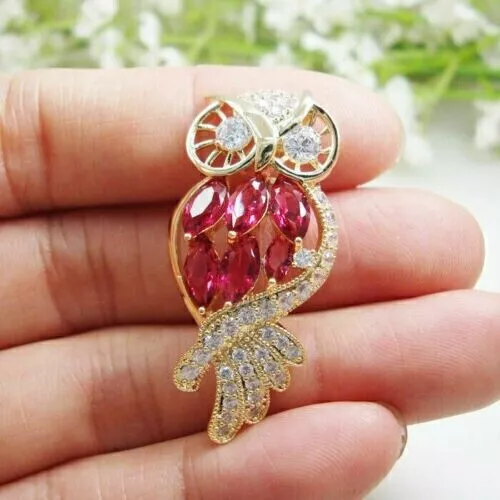 Owl Brooch Pin 2.00Ct Marquise Cut Lab Created Pink Ruby 14K Yellow Gold Plated