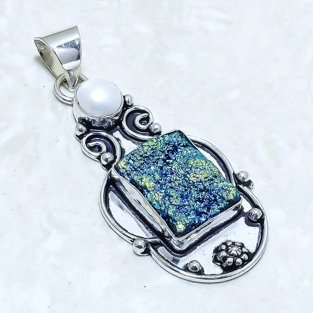 Titanium Druzy, Pearl Gemstone Handmade Silver Jewelry Pendant 2.4" PRJ14483