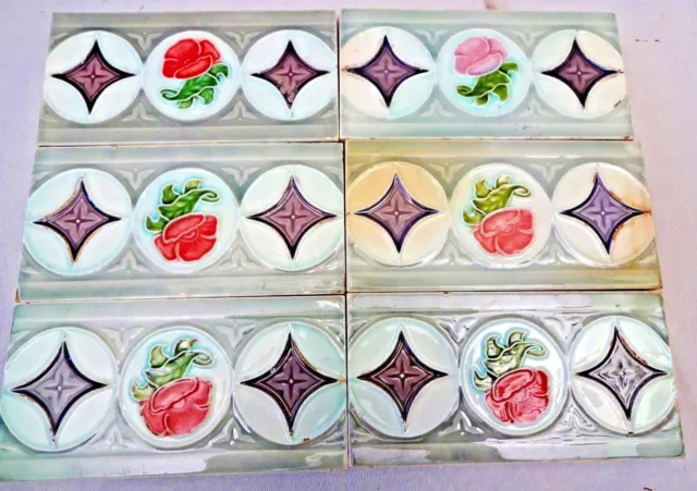 Antique Tile Japan Dk Majolica Ceramic Porcelain Border Flower Design 6 Pc Lot 2