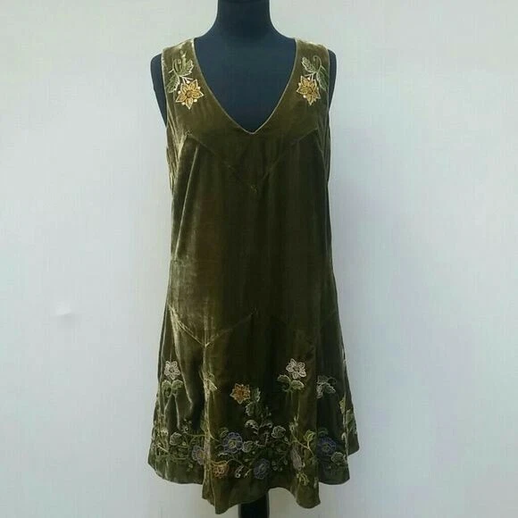 ANNA SUI FOR Anthropologie, embroidered green velvet dress, size 6, NWT,  rare $79.00 - PicClick