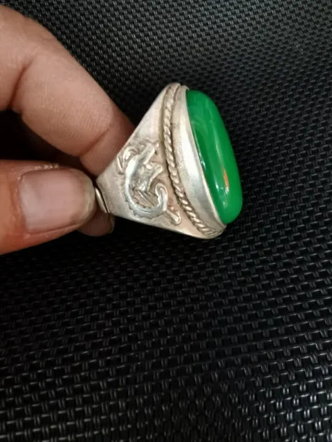 Exquisite Old Chinese tibet silver Handmade inlay green jade Ring