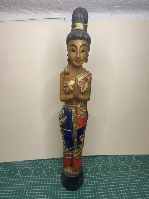 Sawadee Lady Holzfigur Thailand Empfang 52 cm Asiatika Tempelwächterin Holz Bunt