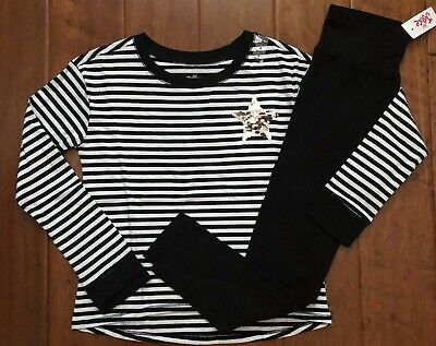 Nwt Justice Girls 8 10 Outfit~Blk & White Striped Star Sequin Top/Black Leggings
