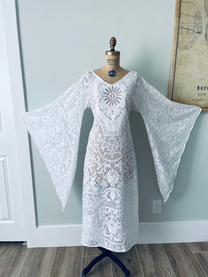 Unique Boho White Vintage Lace Bell Sleeve Beach Wedding Dress Elopement Dress