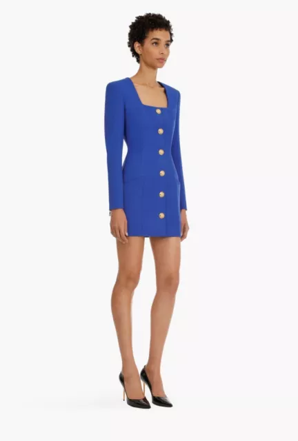 Balmain Royal Blue Square Neck Blazer Style Wool Dress Gold Buttons 38/4 XS