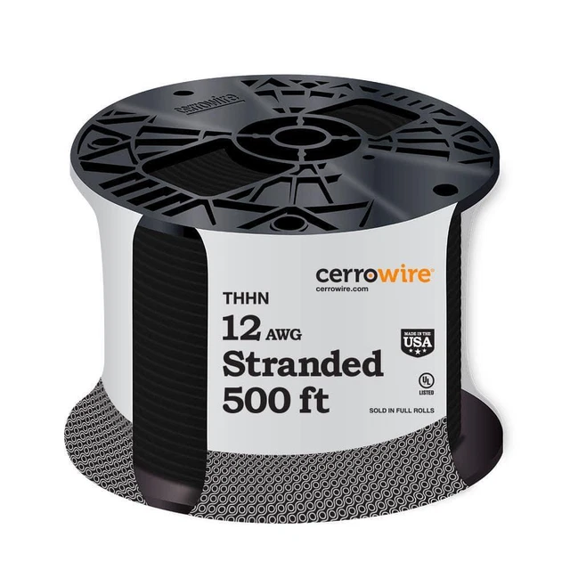 Cerrowire THHN Wire 500' 30-Amp 600V 12-Gauge Black Stranded Copper Jacketed