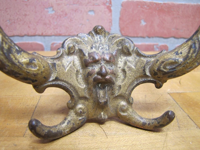 Beast Monster Antique Double Hook Hanger Bracket Hardware Cast Iron Gold Paint