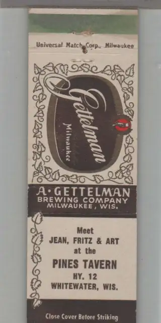 Matchbook Cover - Beer - Gettelman Beer At Pines Tavern Whitewater, WI