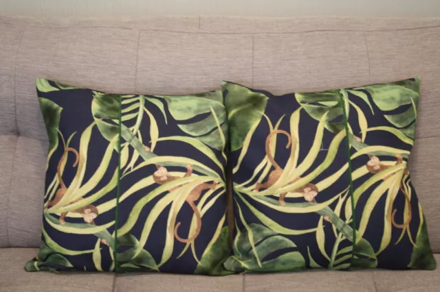 Cushion cover handmade set of 2 16''x16''  linen & piping monkey & jungle print