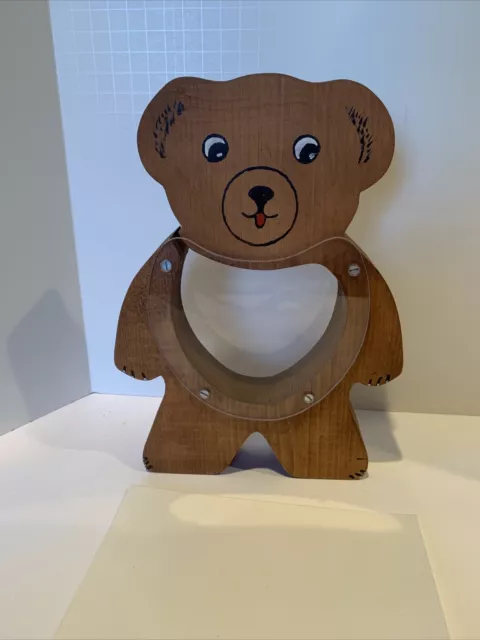 Handmade Wooden Teddy Bear Bank. Vintage. 9 3/4” Tall