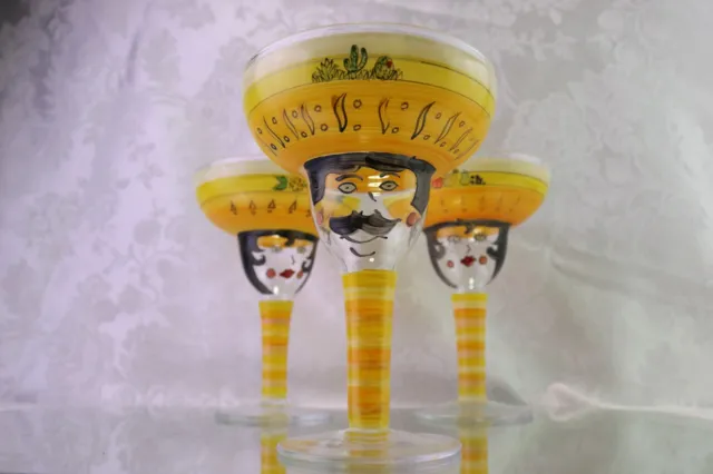 3 Hand Painted Glass Margarita Glasses Senor & Senorita Faces Yellow Orange