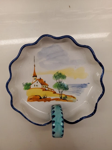 Ceramic Pottery Nappy Dish Majolica Hand Made/Painted Of An Italy Church Signed