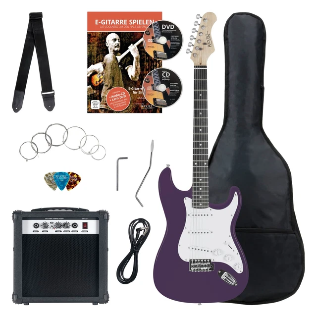 8-Teile Rocktile Bangers Pack E-Gitarren Set mit Verstärker Gigbag Gurt Lila