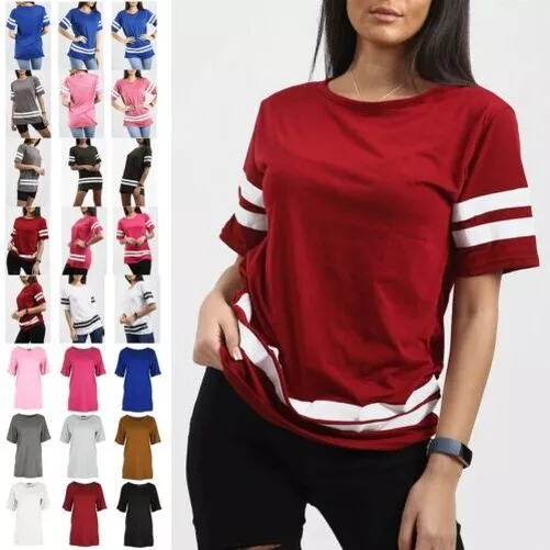 Da Donna Taglie Forti Varsity T-Shirt Maniche Righe Largo Oversize Top 8-22