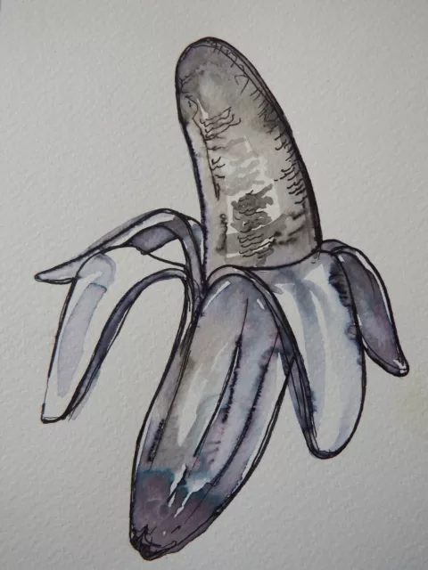 ORIGINAL PEN INK wash fruit drawing of a semi peeled banana $25.70 ...