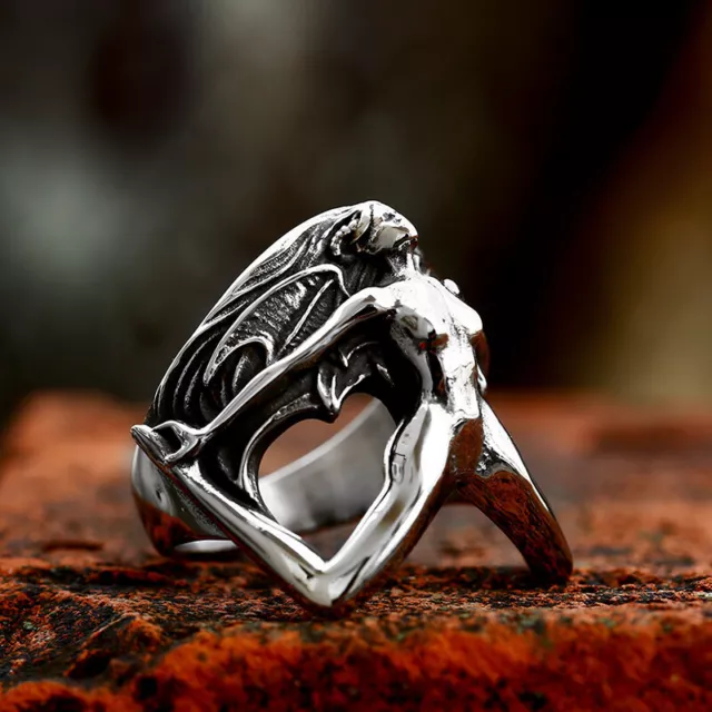 Men's Women's Gothic Wing Demon Skull Ring Stainless Steel Naked Devil Punk Ring