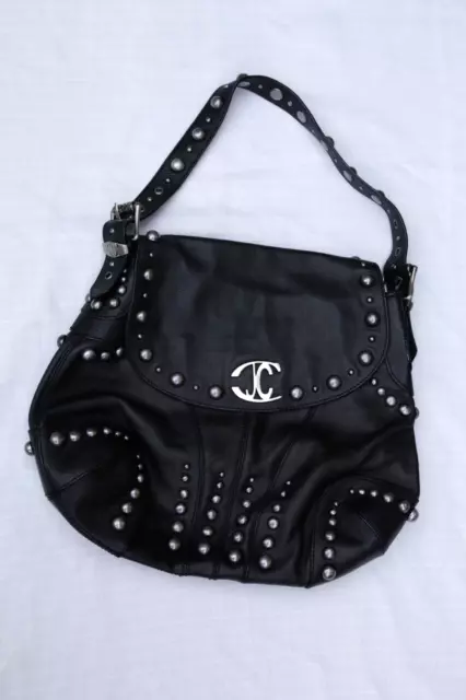 New NWOT Authen Just Cavalli Black Leather Studded Shoulder Handbag Satchel Bag