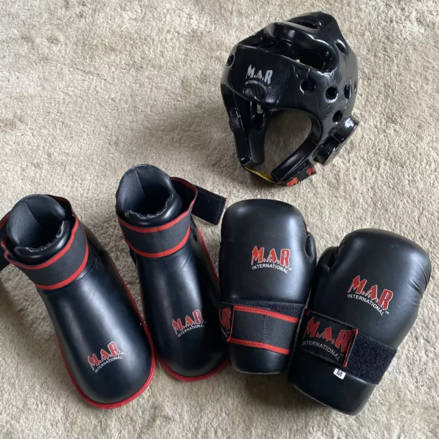 Martial Art Gloves & Safety Helmet Size M & Boots Size Small - Suit Teenager VGC