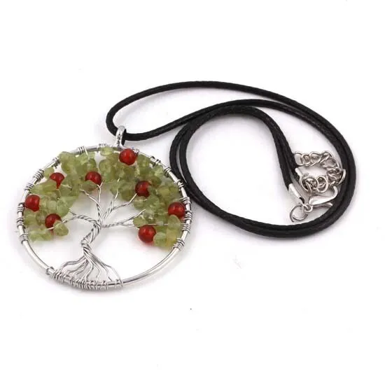 Natural Olivine Gemstone Red Agate Fruit Wire Wrap Tree Of Life Pendant Necklace 3