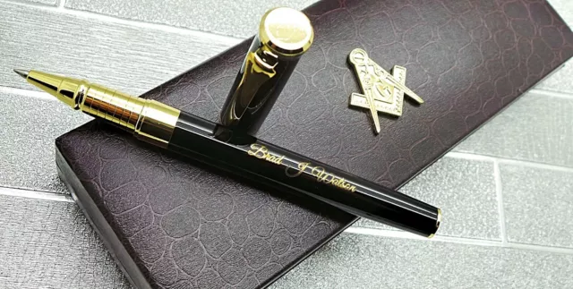 Personalised FREEMASON MASONIC Pen Luxury 24k Gold Clad Gift Set Engraved Gifts