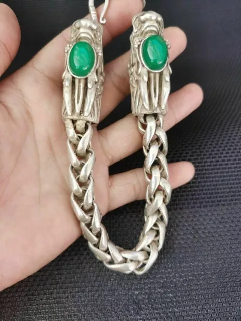 Old Chinese tibet silver inlay green jade dragon head Bracelet