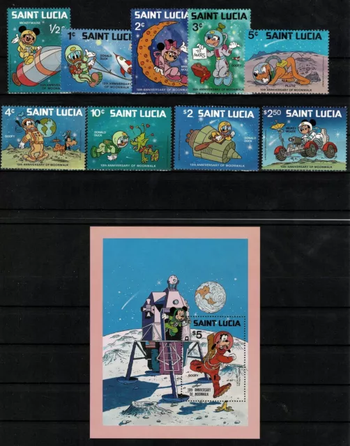 Saint Lucia 1980 Disney 10° Anniv. Premier Homme sur Lune - 9 V + 1 Bf MNH