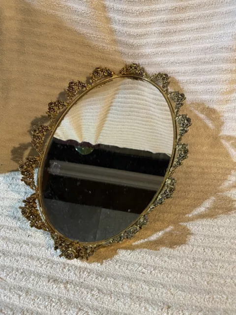 Vintage Ornate Victorian Style Vanity Mirror Tray Gold-tone Metal Roses